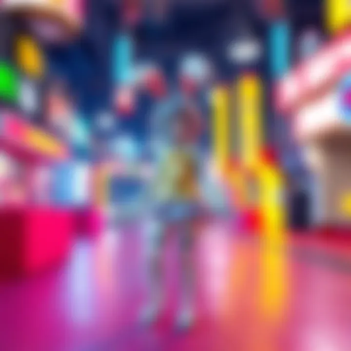 A vibrant anime rabbit girl character, designed as a vtuber, stands in a colorful video game setting, showcasing her playful and dynamic pose.