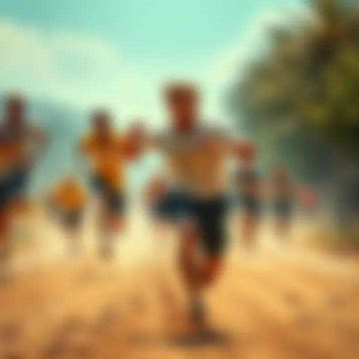 A runner with determination escaping from a group in pursuit, showing tension and excitement in the air.