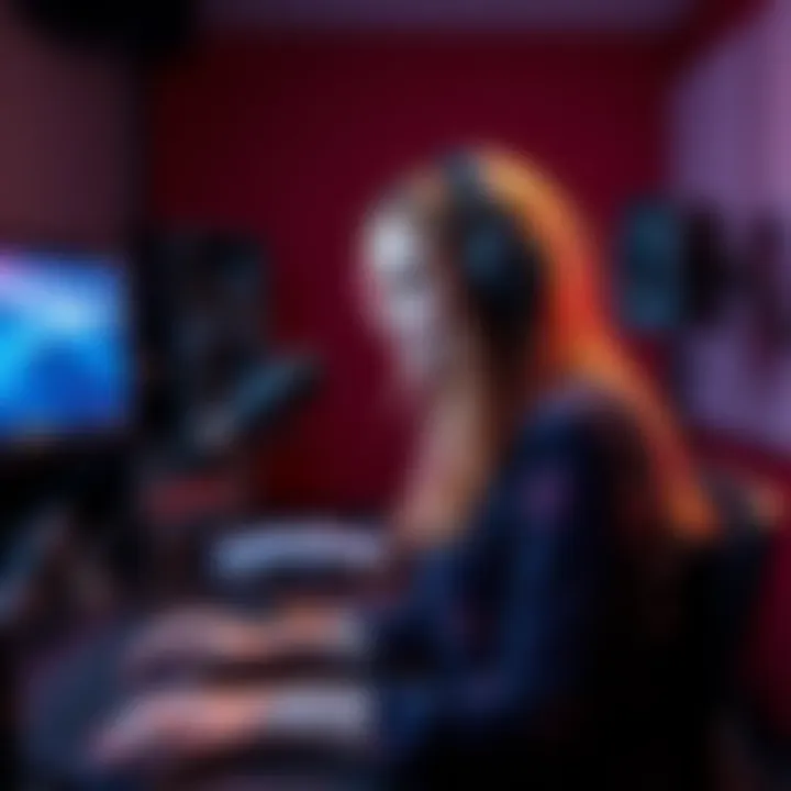 Anna Demetriou working on voice recording for the game Resonance, surrounded by studio equipment.