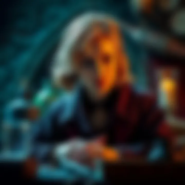 A character resembling Anne Sallow looks unwell, surrounded by magical items and a dark background, hinting at illness and mystery in a wizarding world.