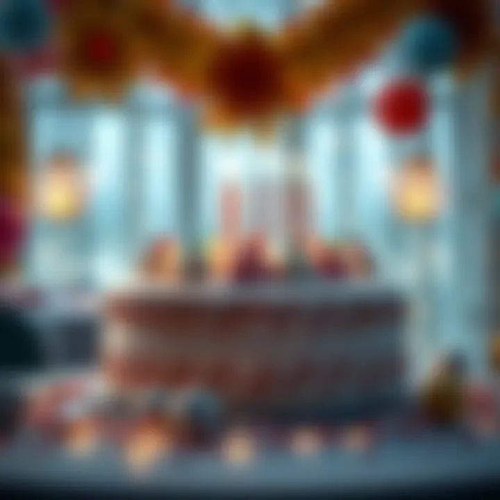 A festive anniversary cake decorated with colorful icing and candles, placed on a table surrounded by party decorations.