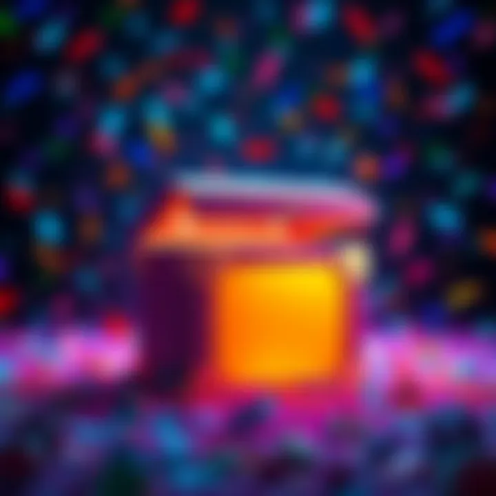 A colorful anniversary loot box open with confetti surrounding it, symbolizing the April Fools event