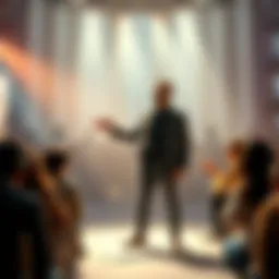 Person sharing big news A person standing confidently, announcing important news to an engaged audience, expressing excitement and readiness for change.