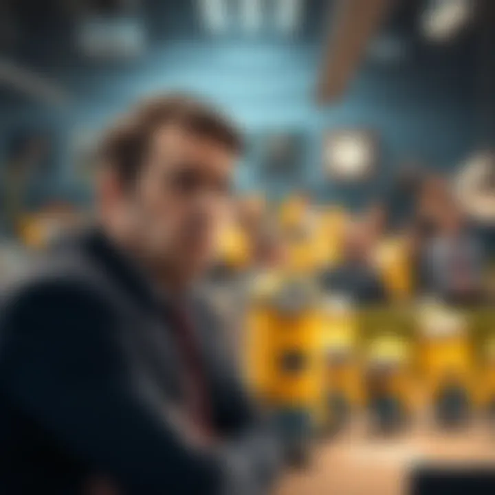 An irritated worker looks on as their boss stands with small, cartoonish minions around them in a chaotic office setting.