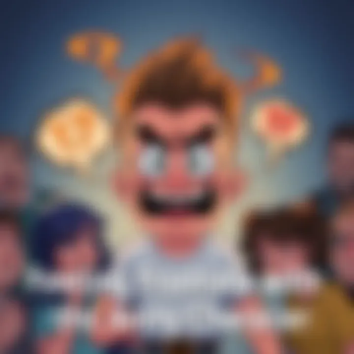 A cartoon character with exaggerated annoying traits, such as a smirk and over-the-top expressions, surrounded by frustrated people expressing their thoughts.
