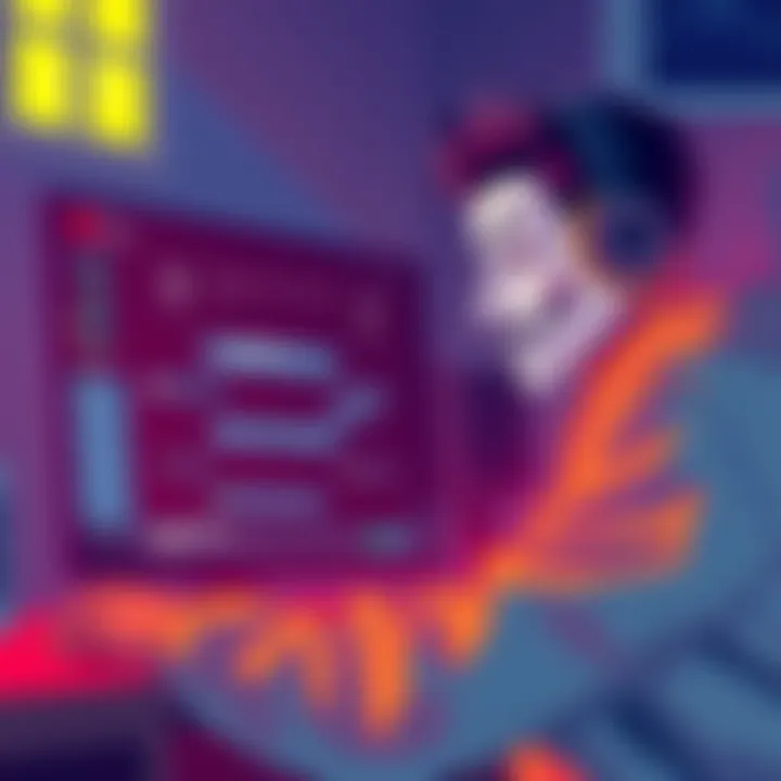 An illustration showing an anonymous gamer using a chat function with a blurred username and various pre-written messages on the screen. The gamer looks concerned about the toxicity in online gaming c...