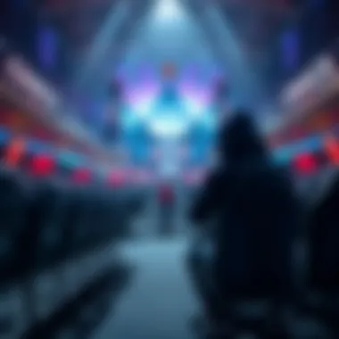 A digital art representation of a gaming arena with empty seats, highlighting the absence of a key player named Anran, surrounded by banners for OWCS and OWWC.