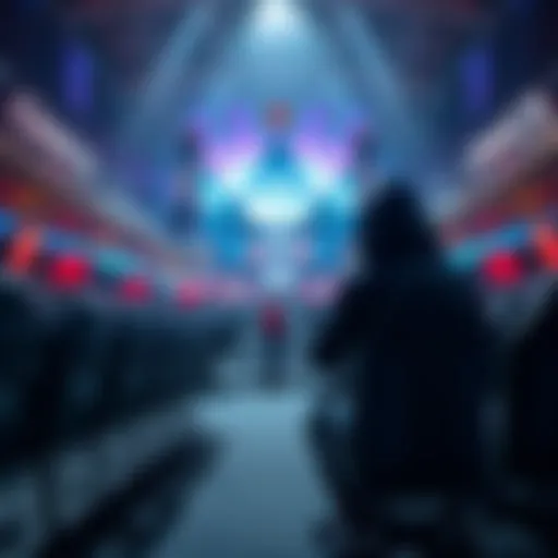 A digital art representation of a gaming arena with empty seats, highlighting the absence of a key player named Anran, surrounded by banners for OWCS and OWWC.