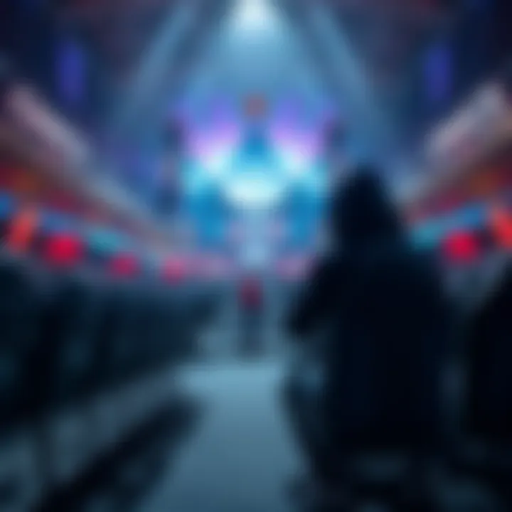 A digital art representation of a gaming arena with empty seats, highlighting the absence of a key player named Anran, surrounded by banners for OWCS and OWWC.