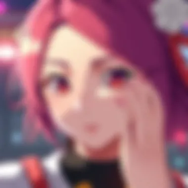 Anran, a character with distinct eyes, showing her unique blinking style. She has vibrant hair and a curious expression, highlighting her gaze without fully closing her eyes.