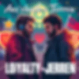 A vibrant graphic showing two characters, Ansbach and Jerren, facing off in a discussion about loyalty, surrounded by symbols of friendship and rivalry.
