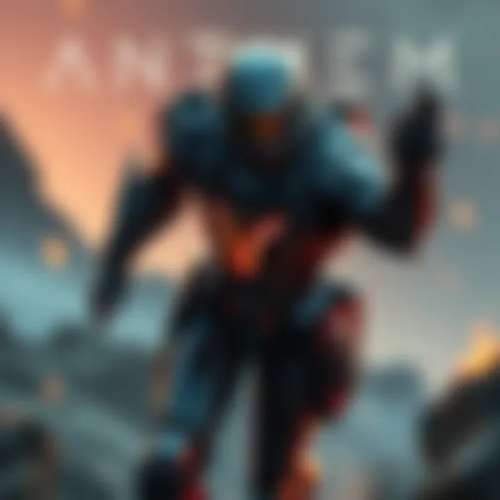 Cover art for the game Anthem showing a futuristic armored character in action