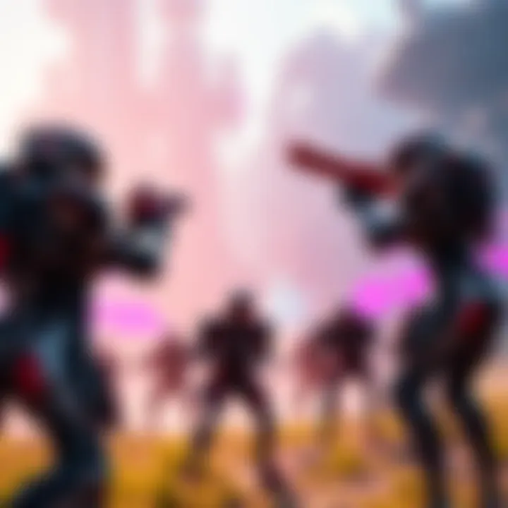 A group of players in futuristic suits battling in a vibrant environment, showcasing gameplay elements and new features.