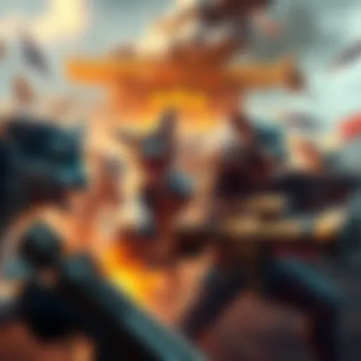 Colorful scene showing anthro animals engaged in intense combat with weapons in Wild Assault game