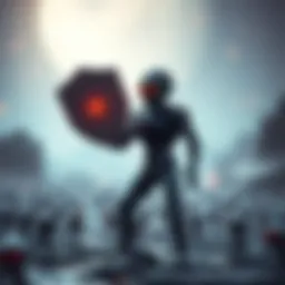 A bold anti-AI sprite with a shield, confronting a swarm of small AI sprites in a digital landscape