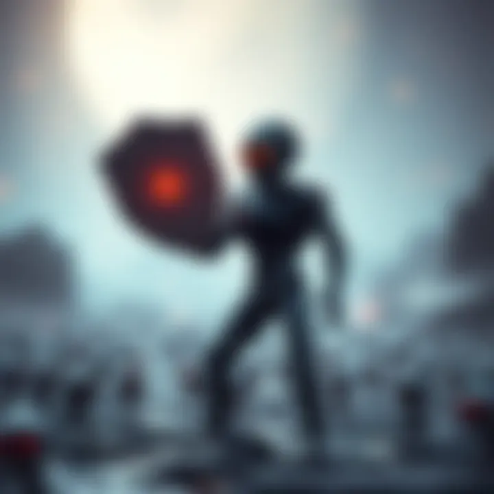 A bold anti-AI sprite with a shield, confronting a swarm of small AI sprites in a digital landscape