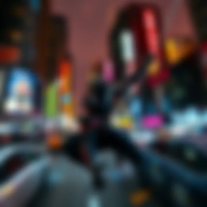 A gamer in an Anti Ock suit swinging through the vibrant streets of New York City at night, showcasing the thrill of gameplay.