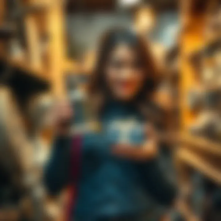 A woman holds a unique antique item while shopping at a charming local antique store, showcasing her excitement and emotional connection to the find.