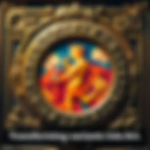 A close-up view of antique gold borders surrounding a colorful variant, showcasing their artistic details and craftsmanship.