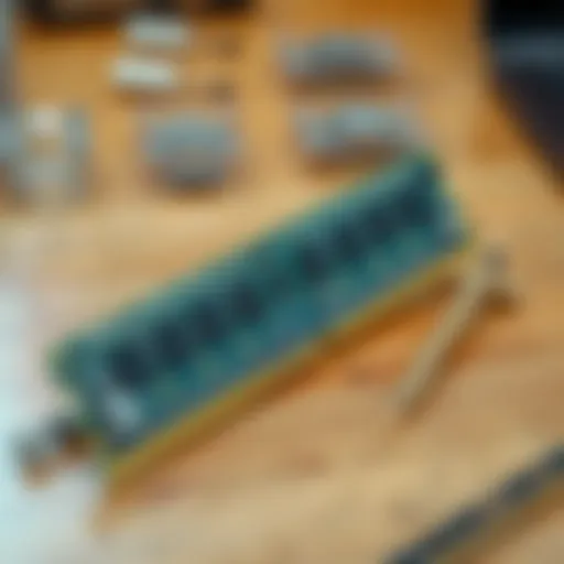 A close-up of an unusual RAM stick with silver contacts, resting on a wooden table. The RAM stick is larger than typical SO-DIMM but smaller than DIMM, showcasing its vintage design from 2001.