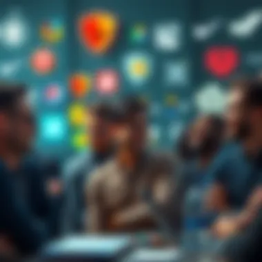 A group of people discussing antivirus software options, some laughing at memes related to the topic, with various logos of antivirus brands visible in the background.