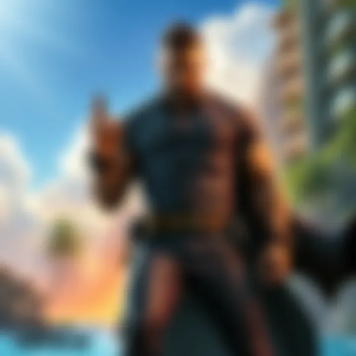 Antón Castillo, a video game villain, stands confidently with a backdrop of his tropical island, showcasing his powerful presence and authoritative demeanor.