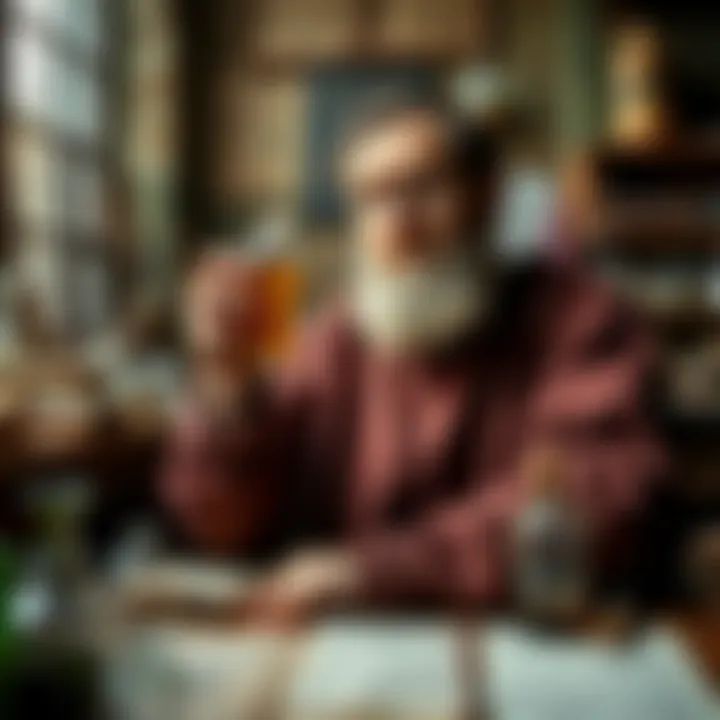 A historical depiction of Antonio Neri holding glass vials in a workshop, surrounded by glassmaking tools and alchemical texts.