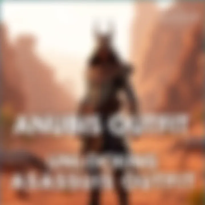 A player character wearing the Anubis outfit in Assassin's Creed Origins, showcasing the outfit's Egyptian-inspired design with a hood and intricate details, standing in a desert landscape