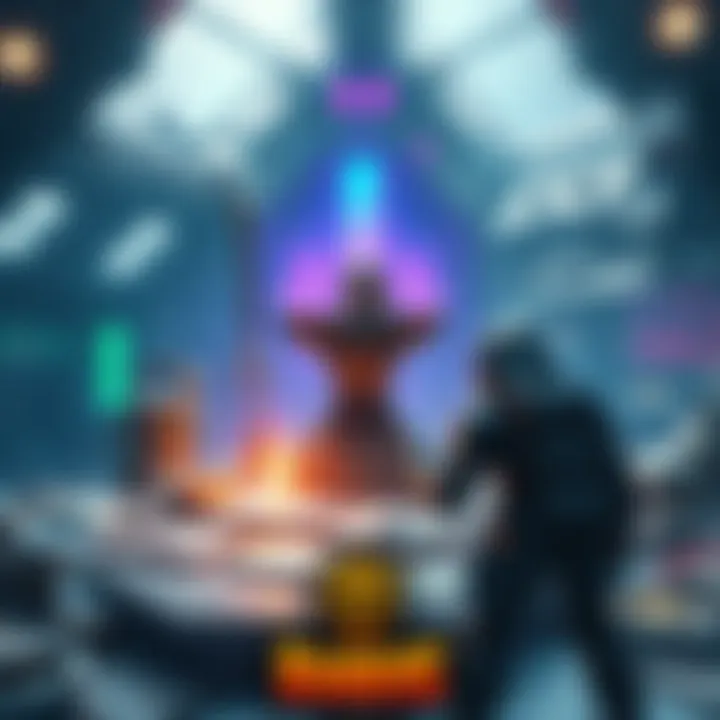 A player character in Arc Raiders searching for the Anvil blueprint in a futuristic setting with crafting materials around them