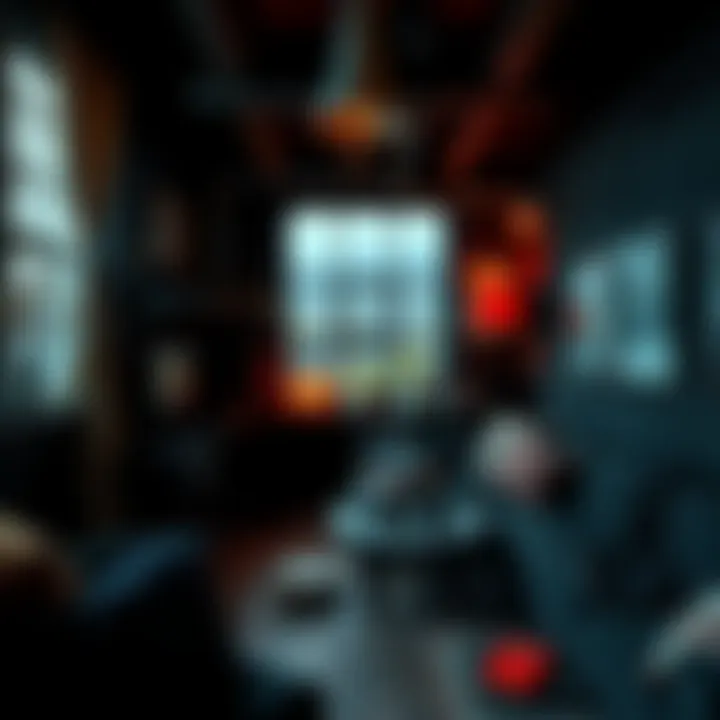 A dimly lit apartment with industrial decor pieces and dark colors, reflecting a gritty atmosphere reminiscent of Silent Hill.