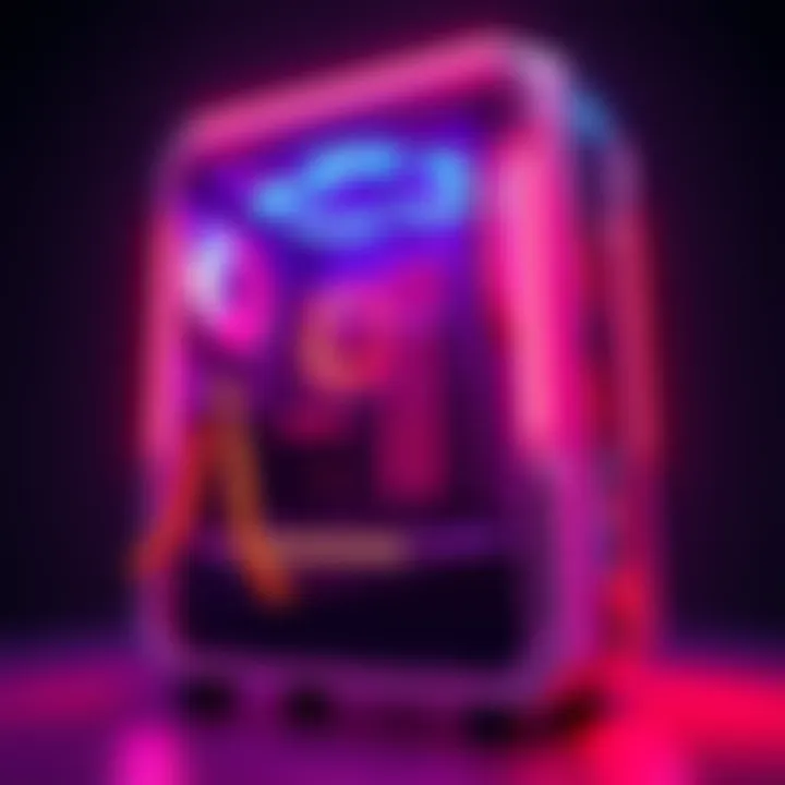 A custom PC case designed with Aperture Science themes, showcasing bright colors and game-related graphics.