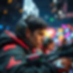 A skilled Apex Legends player focused on the game during a tournament, with intense concentration on their face