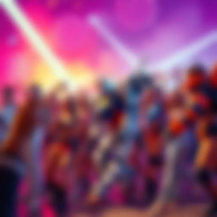 Group of people in futuristic outfits enjoying a lively celebration with robots and colorful lights