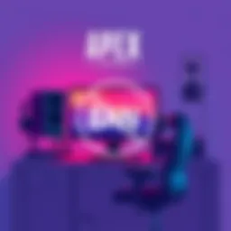 A digital illustration showing a gaming setup with a computer, monitor, and gaming accessories, symbolizing the fight against cheaters in Apex Legends with a ban symbol overlay.