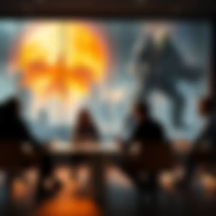 Apex Legends developers in a meeting discussing game design and innovation, with Titanfall artwork in the background.