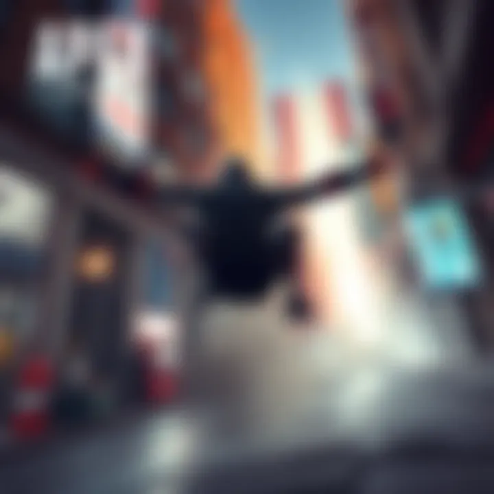 Apex Legends character performing a slide jump in an urban environment, showcasing effective movement against opponents