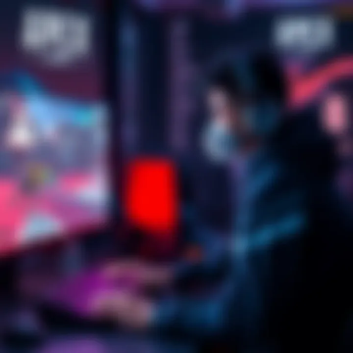 A focused Apex Legends player at a gaming setup, analyzing strategies to improve from Diamond 3 to Masters rank, with game visuals on screen