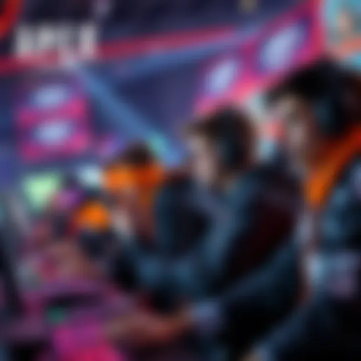 Apex Legends Competitive Tournament A group of gamers engaged in an Apex Legends tournament, showcasing intense focus and teamwork around their gaming setups.