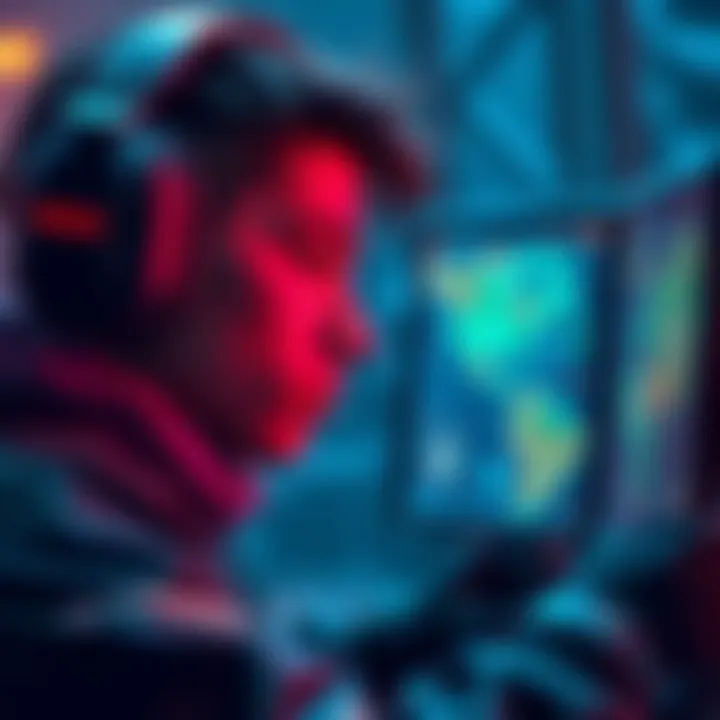 A novice Apex player focused on improving in ranked matches, gazing intently at a gaming screen with maps and strategies displayed.