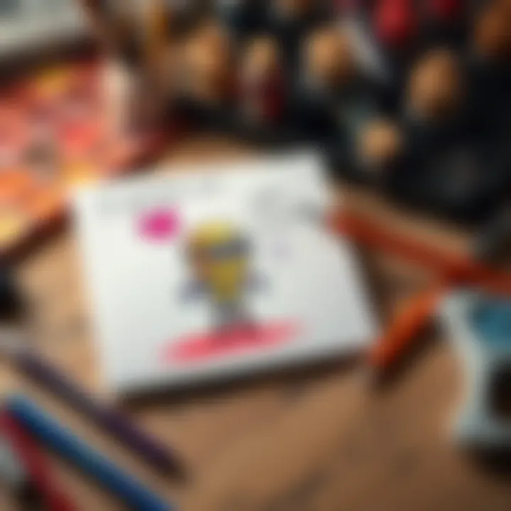 Handmade apology card drawing A colorful drawing of a game character on a handmade card, showing a heartfelt apology with art supplies nearby.