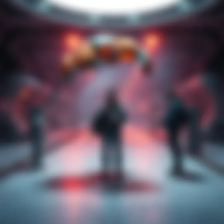 A person stands at a spaceport holding a damaged parachute, looking surprised, while another person gestures an apology nearby.