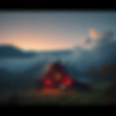 A scenic Appalachian farm at dusk, featuring a haunted barn and glowing pumpkins, surrounded by misty mountains.