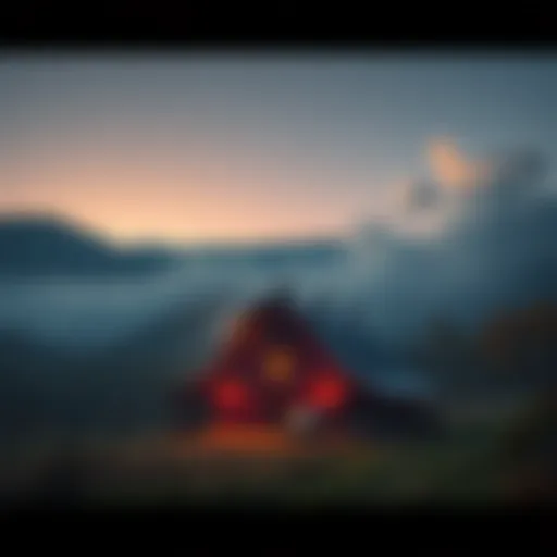 A scenic Appalachian farm at dusk, featuring a haunted barn and glowing pumpkins, surrounded by misty mountains.