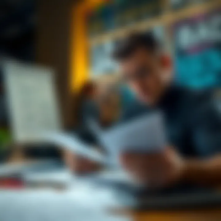 A person looking over paperwork for an appeal regarding a ban for cheating, focused and determined at a desk filled with notes
