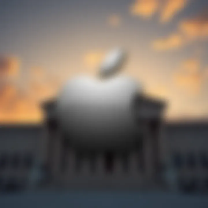 Apple logo with courthouse in the background, symbolizing legal battle over App Store policies
