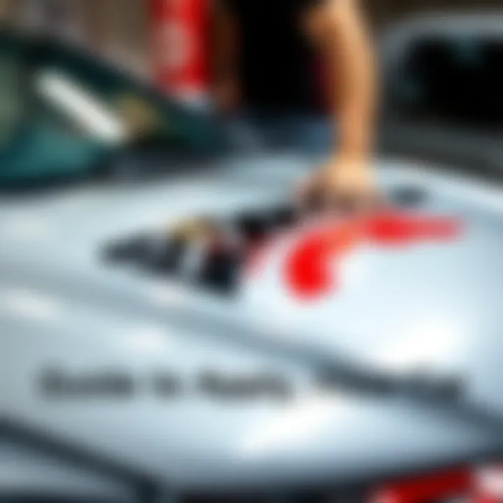 A person smoothing a decal on the hood of a car to apply it properly