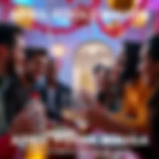 A group of friends laughing and enjoying the April Fools Mauga prank at a party, showcasing festive decorations and playful antics.