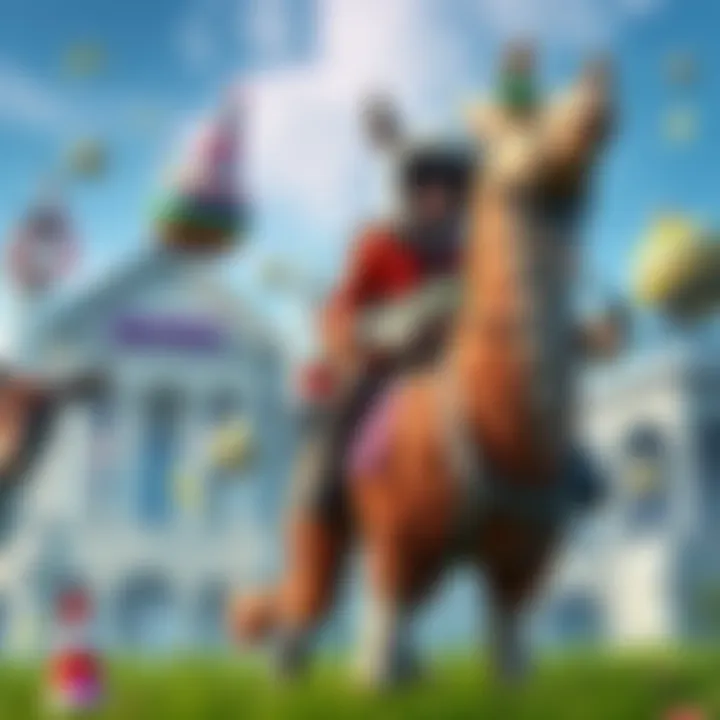 Players in Fortnite enjoy enlarged heads, rideable llamas, and special finger guns during the April Fools update, showcasing a playful atmosphere.