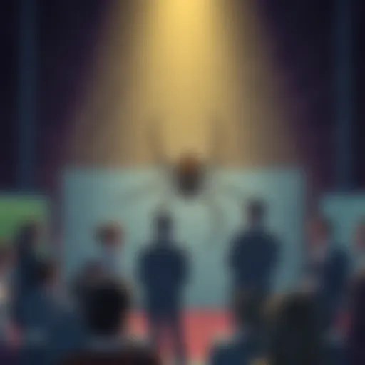 A visual representation of slander allegations featuring a spider weaving a web, symbolizing complex social discussions, with people reacting in the background.