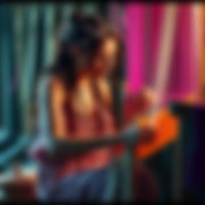 Arachne, the talented weaver from Greek mythology, is shown at her loom creating intricate patterns with colorful threads.